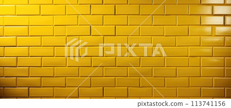 A wide background banner panorama showcasing yellow-colored square brick subway tiles wall texture, Ai Generated. A wide background banner panorama showcasing yellow-colored square brick subway tiles wall texture, Ai Generated. 113741156