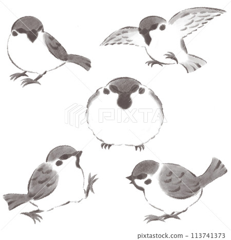 麻雀的各種姿勢集水墨畫風格 113741373