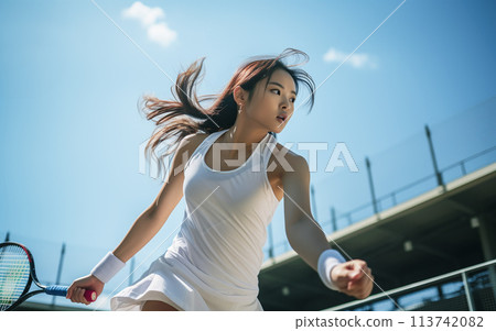 Woman on tennis court Woman on tennis court 113742082