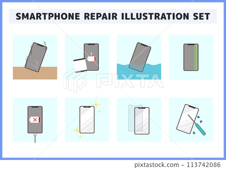 Water damage, breakdown, charging, cracked screen, smartphone repair illustration material set Water damage, breakdown, charging, cracked screen, smartphone repair illustration material set 113742086