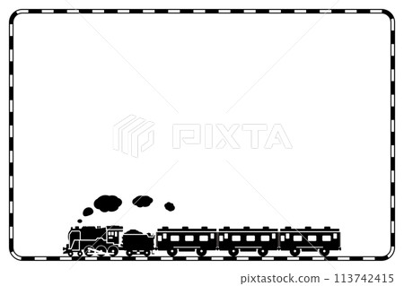 A cut-out illustration of a toy-style steam locomotive C62 and passenger car with a railroad track frame drawn with a pattern brush A cut-out illustration of a toy-style steam locomotive C62 and passenger car with a railroad track frame drawn with a pattern brush 113742415