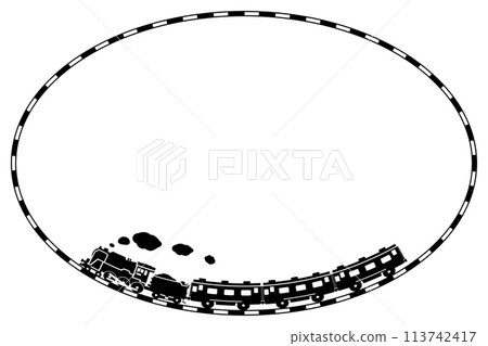 A cut-out illustration of a toy-style SL C62 and passenger car with a railroad frame drawn with a pattern brush, ellipse 113742417