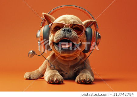 funny dog in headphones listening to music on an orange background. funny dog in headphones listening to music on an orange background. 113742794