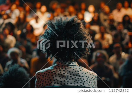 Speaker facing an engaged audience at a public event 113742852