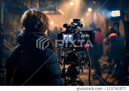 Professional videographer filming with a modern camera 113742877