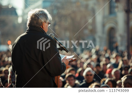 Public speaker addressing a crowd at an outdoor event Public speaker addressing a crowd at an outdoor event 113743099