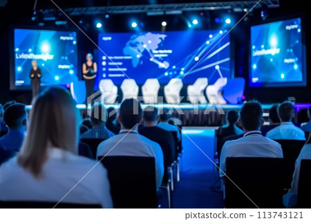 Conference speakers presenting to an attentive audience 113743121