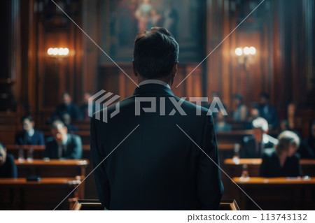 Lawyer presenting case in a grand courtroom setting 113743132