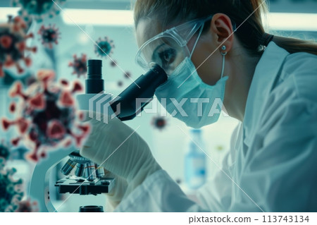 Scientist using microscope in laboratory for research 113743134