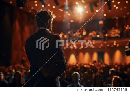 Speaker at conference presenting to audience in auditorium 113743136