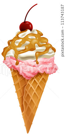 Delicious Ice Cream Cone with Cherry Top 113743187