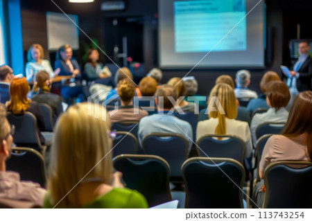 Business professionals attending a conference presentation 113743254