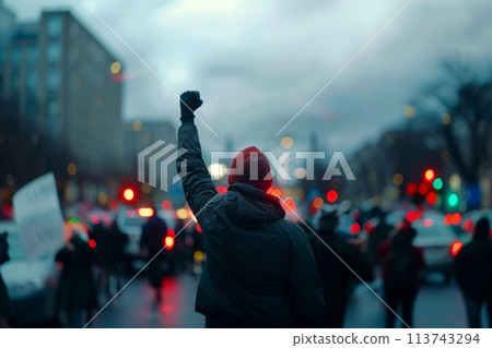 Person with raised fist during protest on city street 113743294