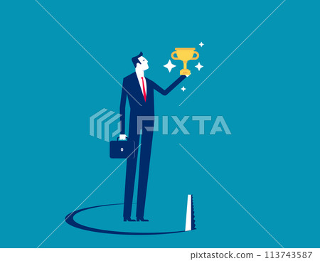 Businessman holding award with competitor sawing floor underneath Businessman holding award with competitor sawing floor underneath 113743587