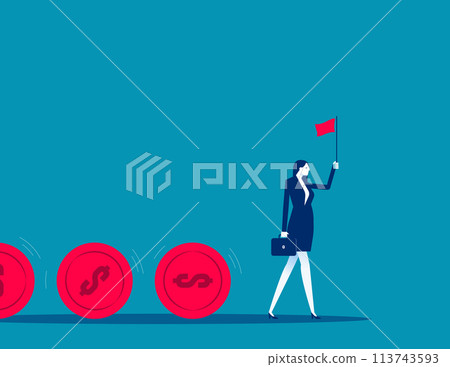 Investor holding flag control flow of money coins. Investment fund flow 113743593
