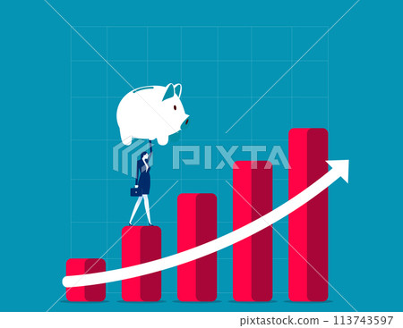 Investor hold wealthy piggy bank walking up risign stock market bar graph. Growth stock Investor hold wealthy piggy bank walking up risign stock market bar graph. Growth stock 113743597
