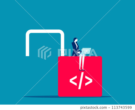 Programmer working using computer laptop working on unlock lock with coding symbol 113743599