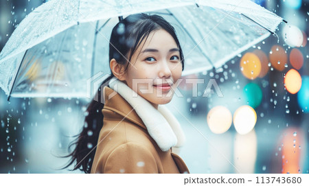 Smiling Japanese woman holding an umbrella AI-generated image 113743680