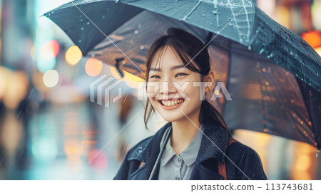 Smiling Japanese woman holding an umbrella AI-generated image Smiling Japanese woman holding an umbrella AI-generated image 113743681