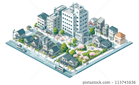 Tokyo style hospital and park streetscape Tokyo style hospital and park streetscape 113743836