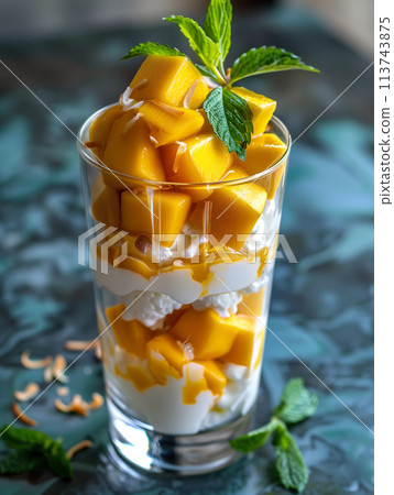 Mango parfait in glass with fresh mint. Generative AI. Mango parfait in glass with fresh mint. Generative AI. 113743875