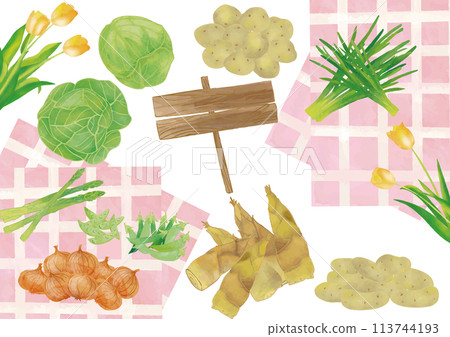 水彩風格春季蔬菜和黃色鬱金香套裝 水彩風格春季蔬菜和黃色鬱金香套裝 113744193