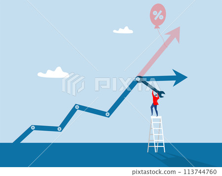Businessman fixing graph for control inflation with a hex wrench. Economic downturn and Inflation. slowing or worse as inflation rises. stock market slump.World economy recession.Vector Businessman fixing graph for control inflation with a hex wrench. Economic downturn and Inflation. slowing or worse as inflation rises. stock market slump.World economy recession.Vector 113744760