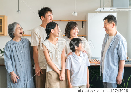 三代家庭/大家庭(年輕和年長)愉快地聊天和交談 三代家庭/大家庭(年輕和年長)愉快地聊天和交談 113745028
