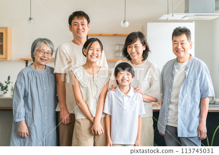Smiling three-generation family (men and women of all ages, two generations) Smiling three-generation family (men and women of all ages, two generations) 113745031
