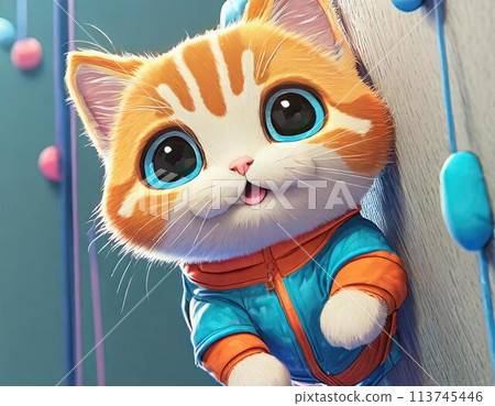 A cream tabby cat having fun bouldering 113745446