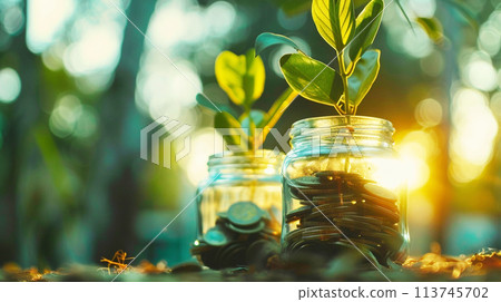 Save money for the future, AI generated image of money and plants growing 113745702