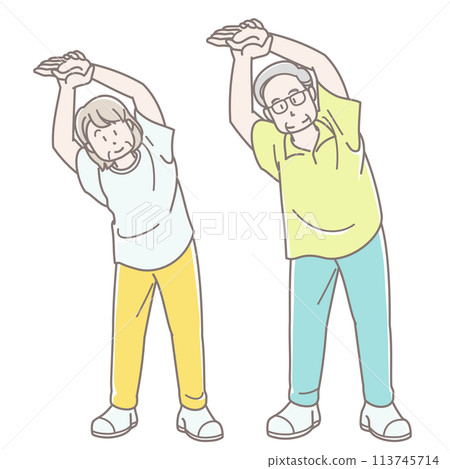 Illustration of a senior couple stretching (short sleeves) 113745714