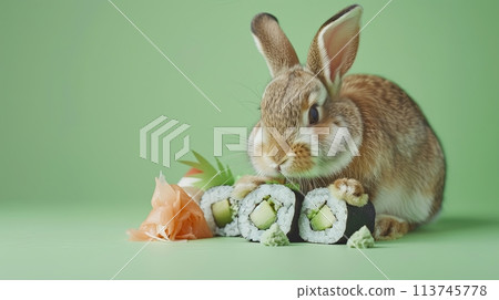 Easter bunny with sushi on light green background Easter bunny with sushi on light green background 113745778