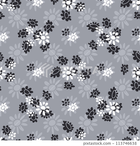 Monochrome seamless pattern with abstract retro wild flower blooms on gray background Monochrome seamless pattern with abstract retro wild flower blooms on gray background 113746638