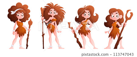 Primitive woman character, prehistoric primitive people in stone age cartoon set. Neanderthal girl in the skin of an animal with a club in her hand. Isolated vector illustration Primitive woman character, prehistoric primitive people in stone age cartoon set. Neanderthal girl in the skin of an animal with a club in her hand. Isolated vector illustration 113747043