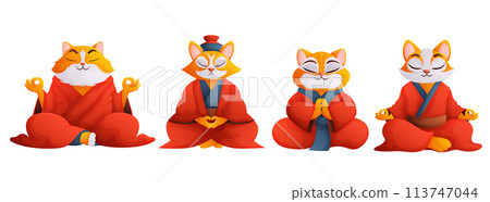 Cartoon vector set of meditating cats. An orange cat with white fluff, wearing a red Chinese robe, sits in a lotus plant. Concept of relaxation, yoga, meditation. Cartoon vector set of meditating cats. An orange cat with white fluff, wearing a red Chinese robe, sits in a lotus plant. Concept of relaxation, yoga, meditation. 113747044