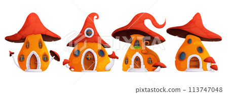 Cartoon vector illustration set of magic forest or garden tiny home made from fungus with grass and flowers. Fantasy fairytale gnome or animal mushroom house. Cartoon vector illustration set of magic forest or garden tiny home made from fungus with grass and flowers. Fantasy fairytale gnome or animal mushroom house. 113747048
