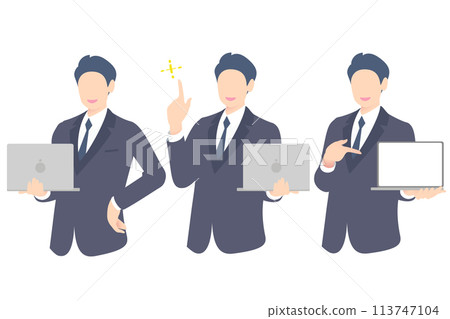 拿著 PC 有想法並顯示 PC 螢幕並解釋的商務人士的上半身 113747104