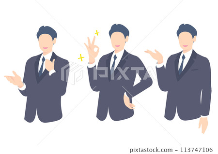 商務人士的上半身提出建議，給出 OK 手勢，並給出解釋和指導 113747106