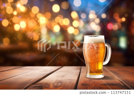 Generative ai on theme of foamy German beer in large glass mug for celebration holiday Oktoberfest 113747151