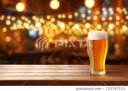 Generative ai on theme of foamy German beer in large glass mug for celebration holiday Oktoberfest 113747153