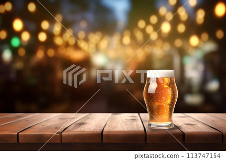 Generative ai on theme of foamy German beer in large glass mug for celebration holiday Oktoberfest 113747154