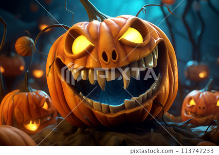 Generative ai on theme of large scary pumpkin with cut out eyes for celebration holiday Halloween 113747233