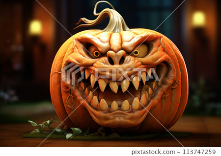 Generative ai on theme of large scary pumpkin with cut out eyes for celebration holiday Halloween 113747259