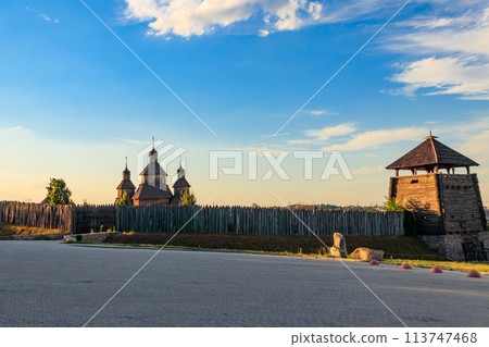 Medieval wooden Zaporozhian Sich on Khortytsia island in Zaporizhia, Ukraine 113747468