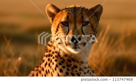 Close up portrait ferocious carnivore leopard, stare or looking at the camera at desert savannah background. 113747469