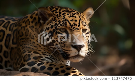 Close up portrait from side face ferocious carnivore leopard, stare or looking straight forward at nature background. 113747470