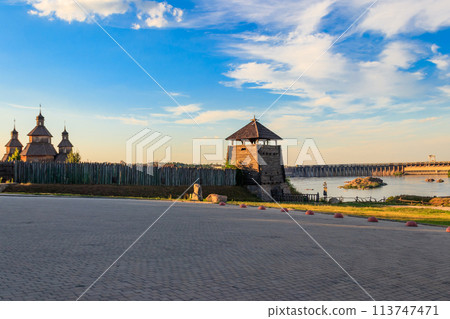 Medieval wooden Zaporozhian Sich on Khortytsia island in Zaporizhia, Ukraine 113747471