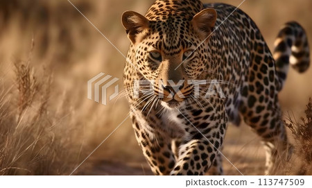 Ferocious carnivore leopard walking and hunting at the savannah desert background. 113747509