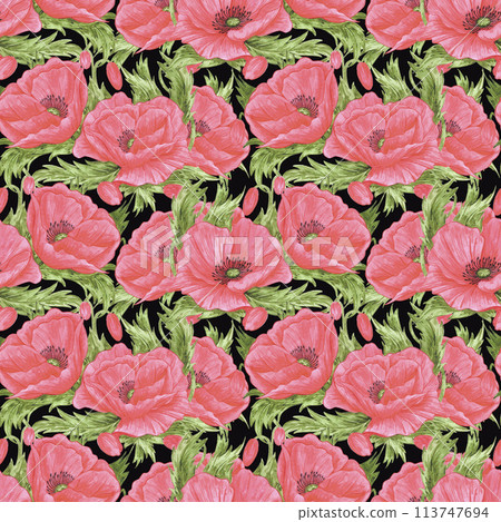Hand drawn watercolor red poppy flowers with green leaves seamless pattern isolated on black background. Can be used for textile, fabric and other printed products. Hand drawn watercolor red poppy flowers with green leaves seamless pattern isolated on black background. Can be used for textile, fabric and other printed products. 113747694